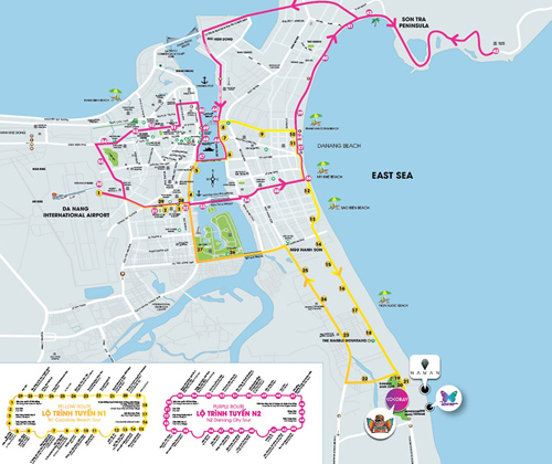 Line màu hồng là lộ trình của xe buýt N2, hoạt động từ 7h đến 22h hàng ngày.