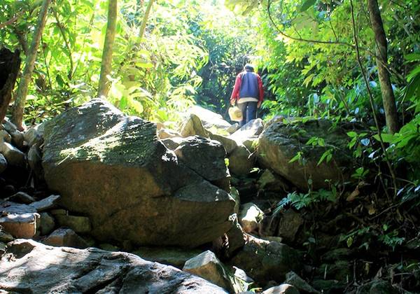 Xuất phát từ bãi giữ xe của khu cáp treo Bà Nà, phượt thủ phải chinh phục 7,5 km đường đèo dốc quanh co, vượt suối băng rừng để đến được "phượt điểm" này. Qua được con dốc đầu tiên thì chặng đường còn lại rất dễ đi.