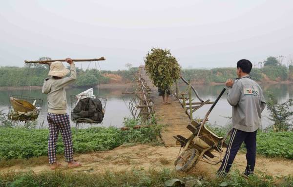 Gánh đồ cồng kềnh phải chờ, phải nhường nhau qua cầu