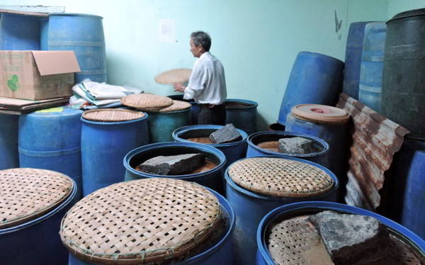 Cá muối được cho vào phuy, đậy nắp thật kín, đưa vào phòng khô ráo - Ảnh: Thanh Ly