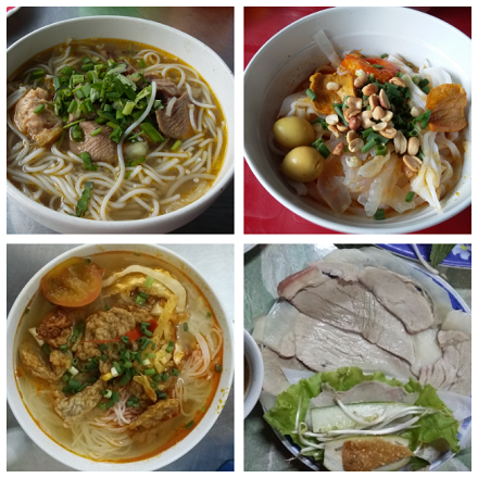 Một số món ăn đặc sản ở Đà Nẵng: (từ trái qua phải): Bún bò, mì Quảng, bún chả cá, bánh tráng cuốn thịt heo... đều là những món ăn mà bạn không nên bỏ lỡ khi tới Đà Nẵng.