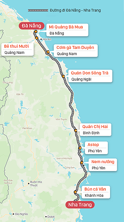 Vị trí các quán ăn gợi ý trên đường Đà Nẵng - Nha Trang. Đồ họa: Tạ Lư.